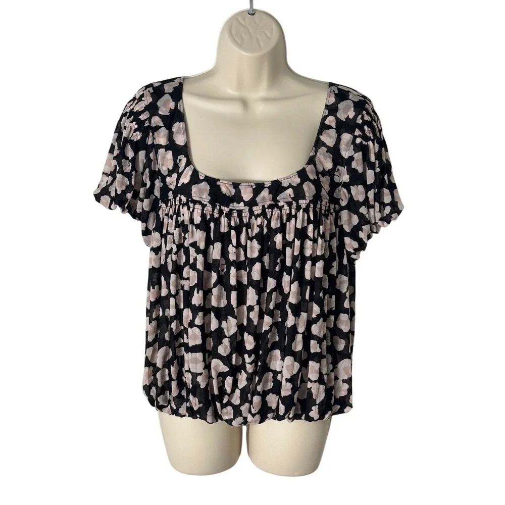 Free People Meg's Animal Print Mesh Bubble‎ Hem Blouse Size L